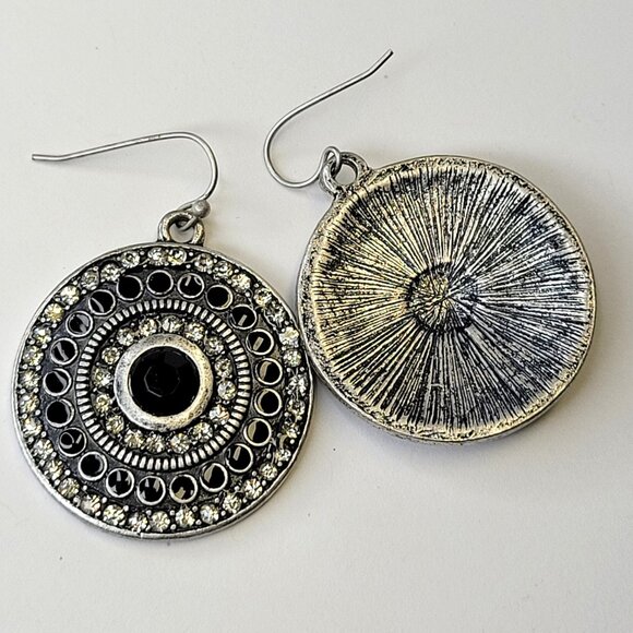 Silver and Black Oxidised Circular Drop Earrings - Picture 5 of 9